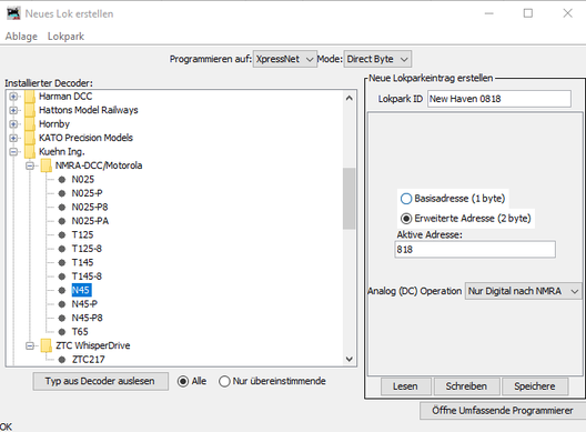 DecoderPro hat den Decoder erkannt und ich habe die lange Adresse 818 programmiert.