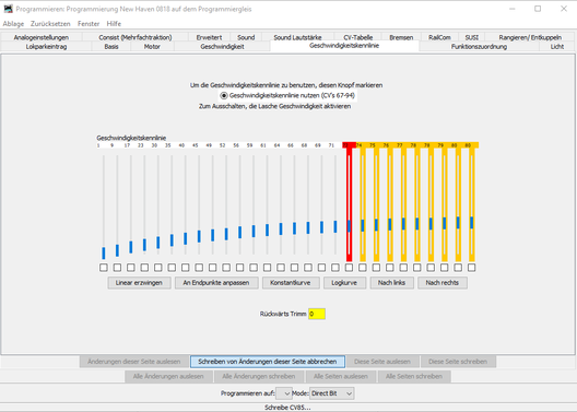 Damit die Lok nicht so schnell läuft, habe ich eine neue Geschwindigkeitskennlinie programmiert.
