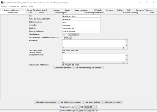 So sieht mein Lokparkeintrag für die Lok in DecoderPro aus.