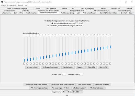 Ich habe in DecoderPro eine neue Geschwindigkeitskennlinie programmiert.