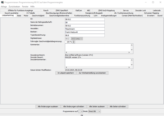 So sieht der Lokparkeintrag für meine 98 aus.