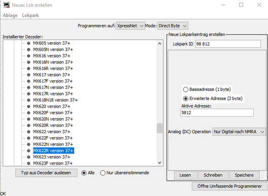 DecoderPro hat den Decoder erkannt.
