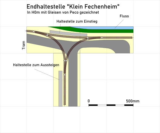 Straßenbahn-Endhaltestelle mit Gleisdreieck